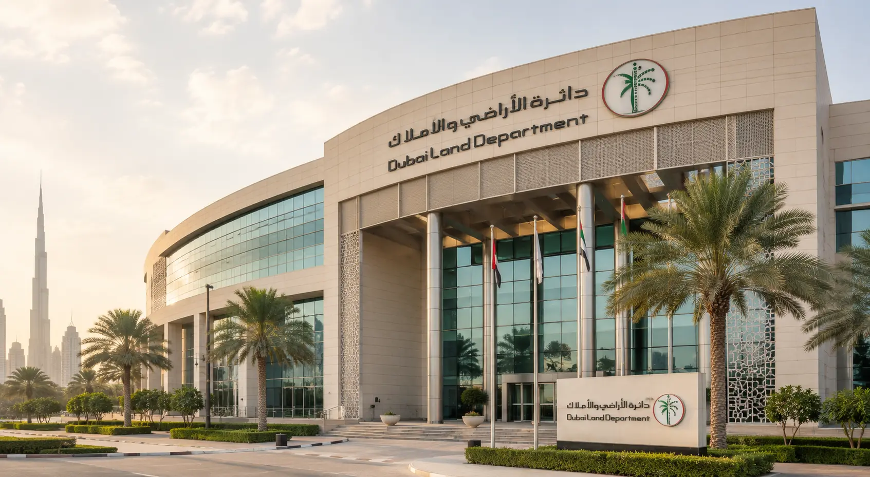 Dubai Land Department building exterior, where foreign nationals register freehold property ownership and receive title deeds in Dubai.