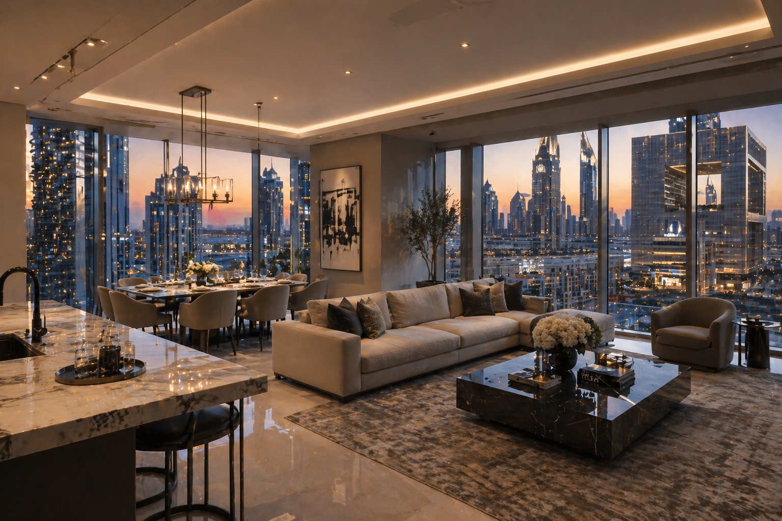A luxury apartment interior in DIFC, Dubai, showing the high-end finishes and city views that attract prime rental tenants