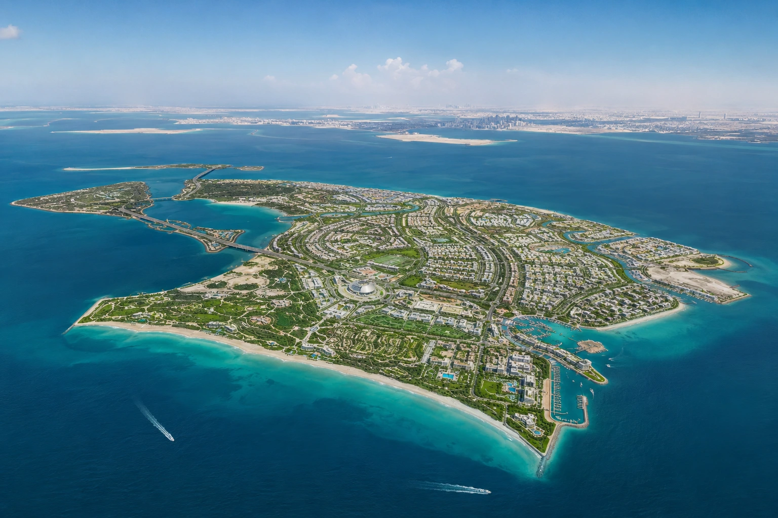 Abu Dhabi skyline with premium residential towers and waterfront communities, where leading developers Aldar, Modon, and Eagle Hills are shaping the capital's property market.