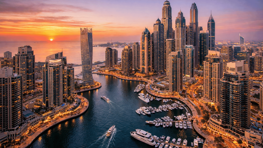 Aerial view of Dubai Marina skyline with luxury residential towers and waterfront promenade