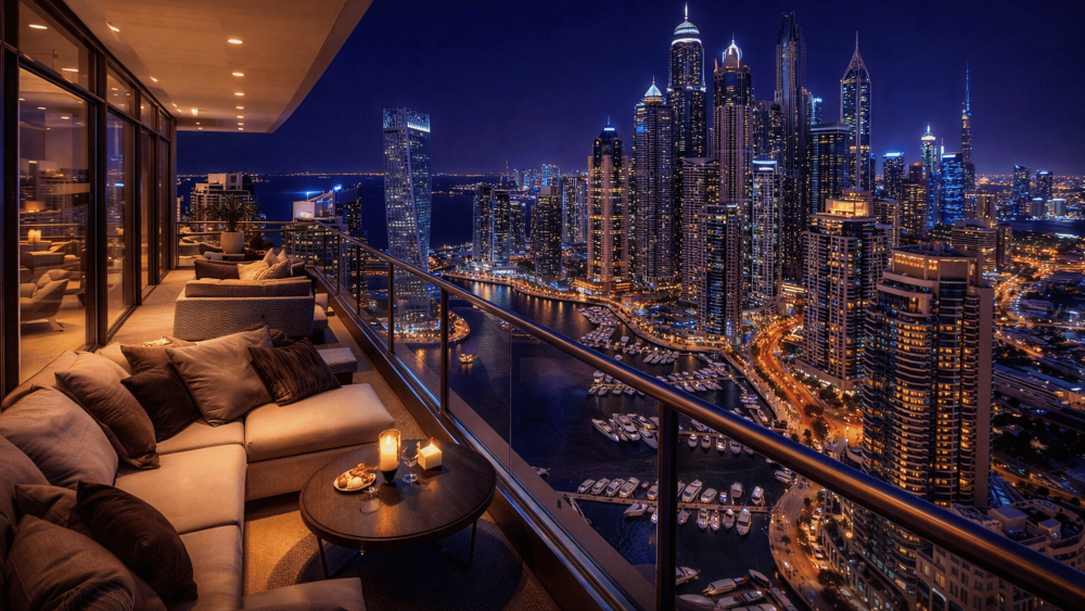 Dubai skyline at night viewed from a premium short-term rental investment