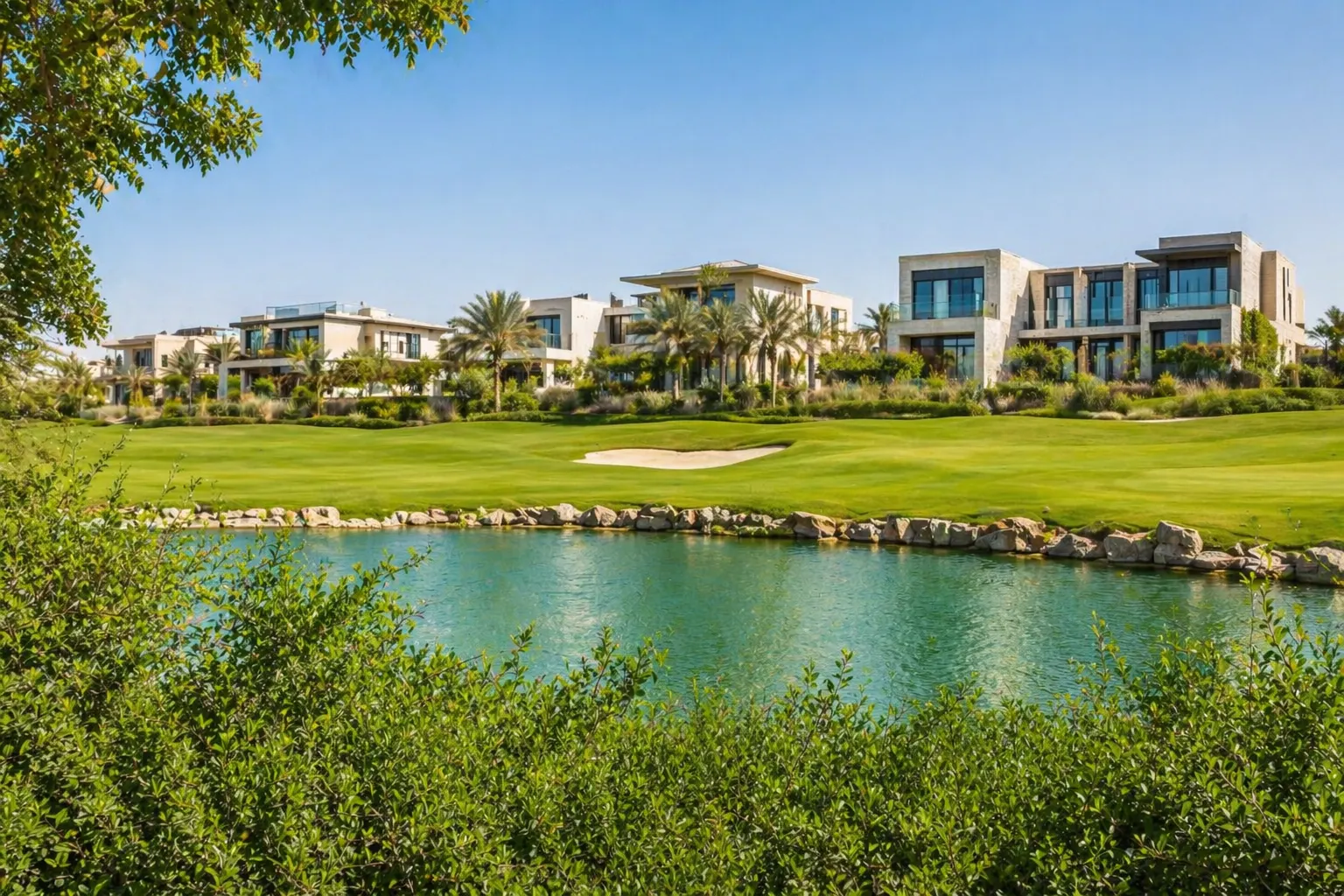Luxury villas in Dubai Hills Estate with a view of the championship golf course.