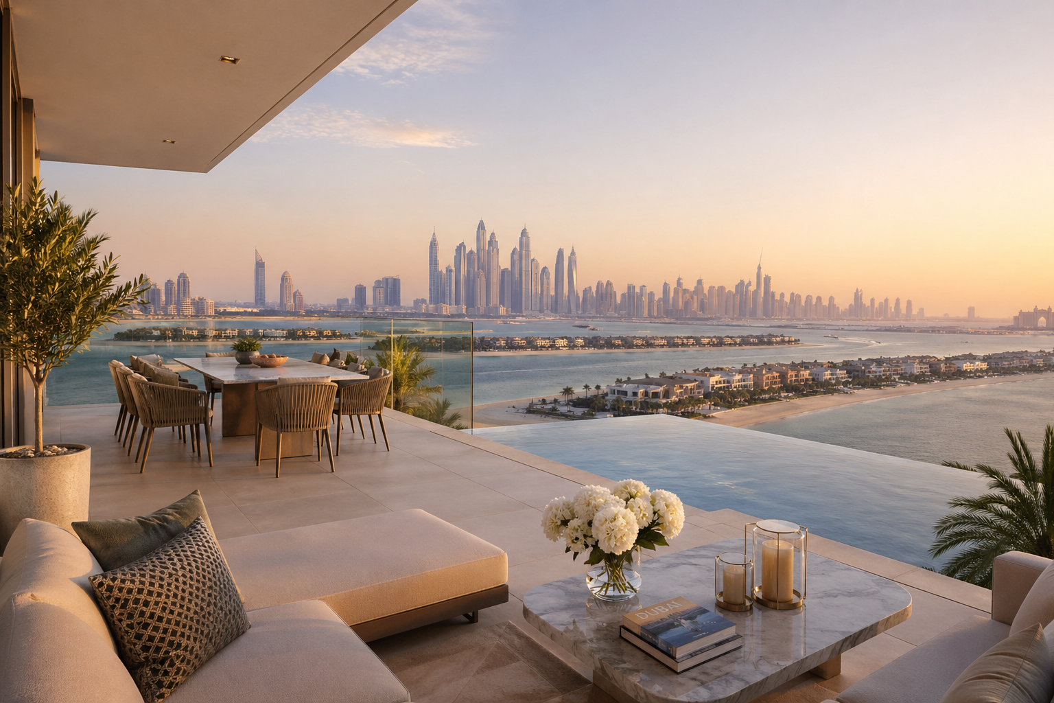 A terrace view from a luxury villa on Palm Jumeirah illustrating the lifestyle premium that drives high-end rental demand in Dubai