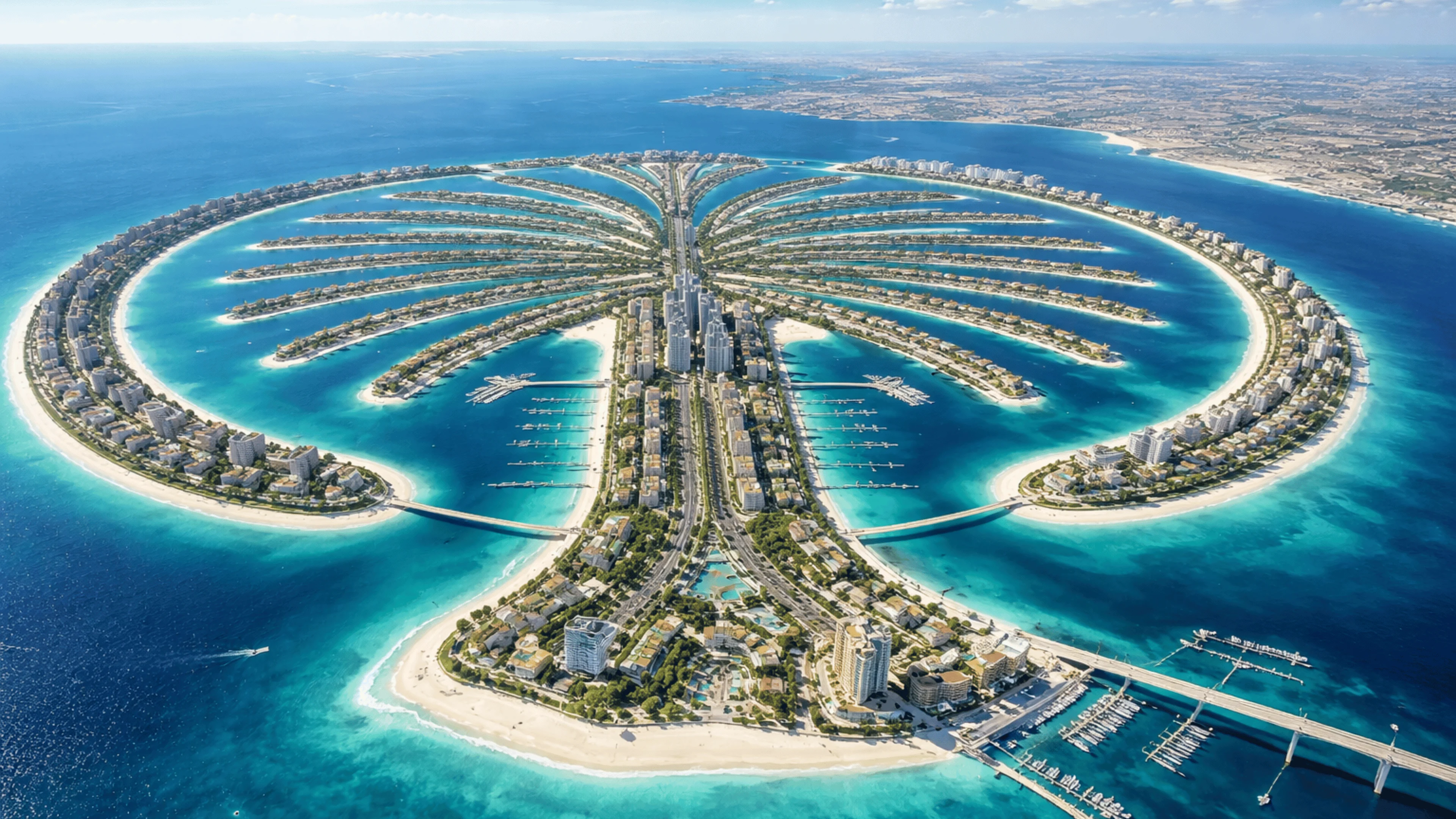 Aerial view of Palm Jebel Ali development, Dubai, showing waterfront villas and island infrastructure under construction in 2026