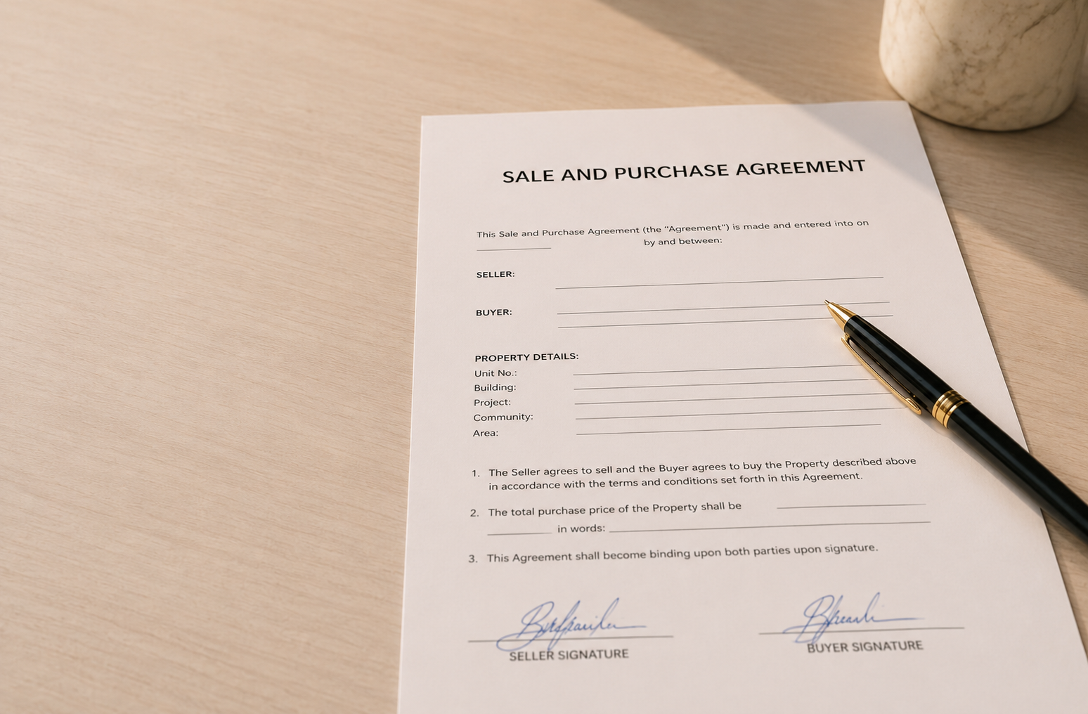 A signed property Sale and Purchase Agreement on a desk, representing the official documentation required for a Dubai property transfer.