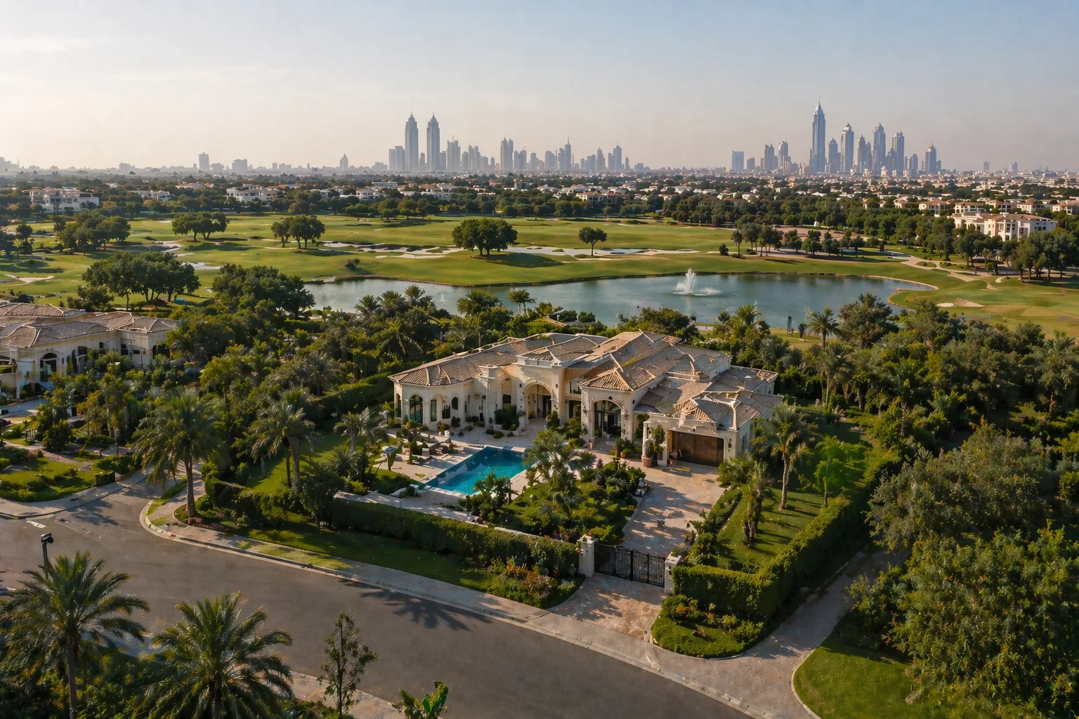 A luxury, custom-built villa in Emirates Hills, Dubai, with views of the Montgomerie Championship Golf Course from all sides.
