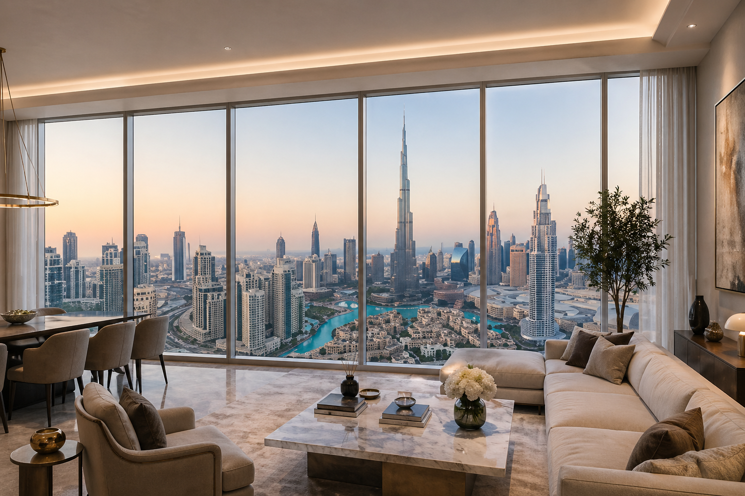 Downtown Dubai skyline at golden hour viewed from a luxury apartment, featuring Burj Khalifa and premium residential towers