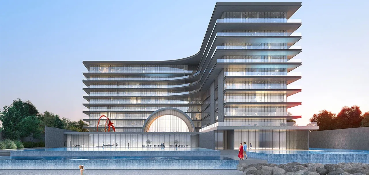 Aerial exterior view of Armani Beach Residences, Dubai Palm Jumeirah