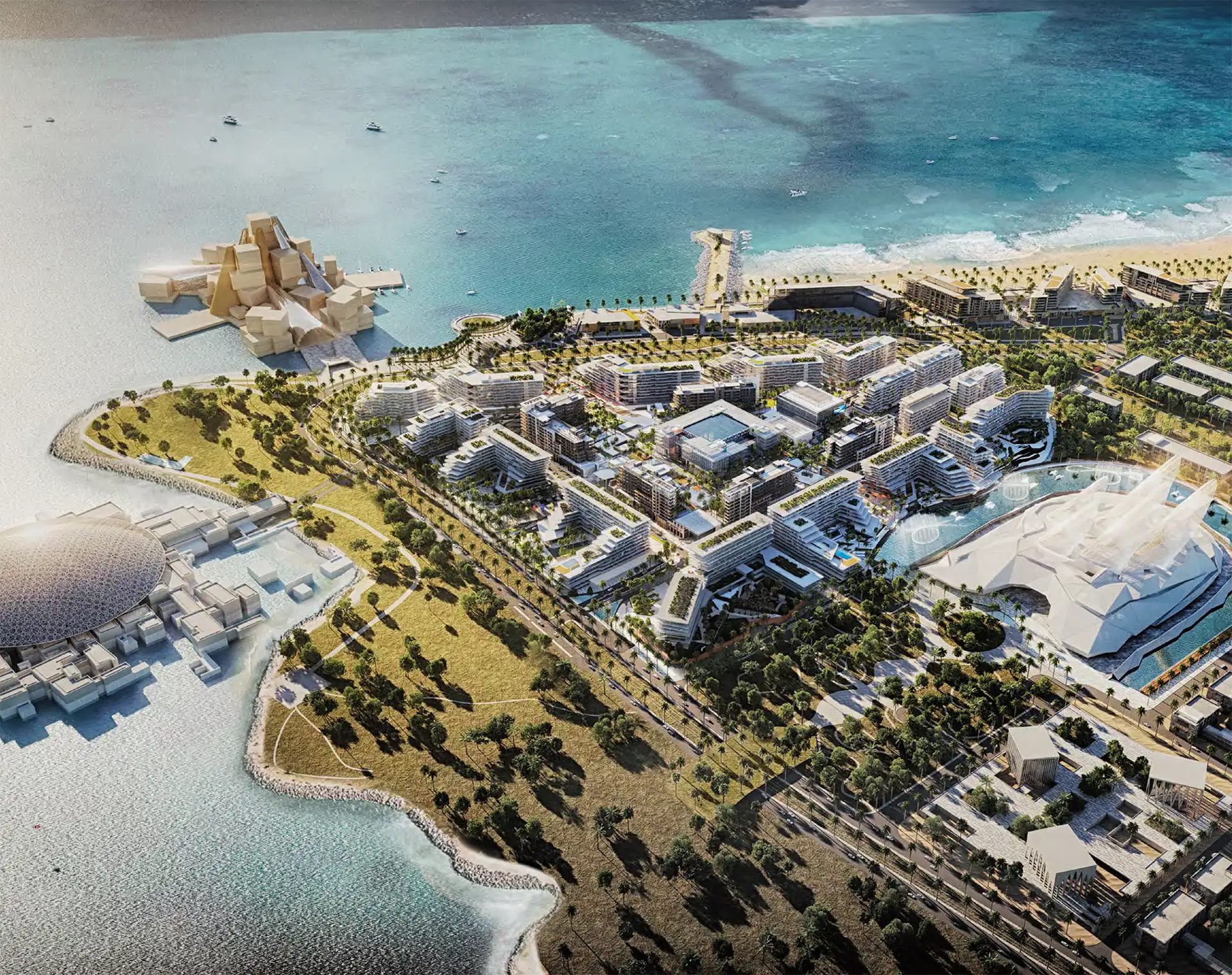 Abu Dhabi skyline with premium residential towers and waterfront communities, where leading developers Aldar, Modon, and Eagle Hills are shaping the capital's property market.