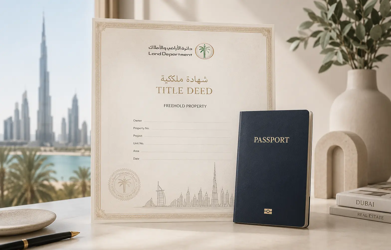 A title deed certificate from the Dubai Land Department displayed alongside a passport, representing completed freehold property ownership for a foreign national buyer.