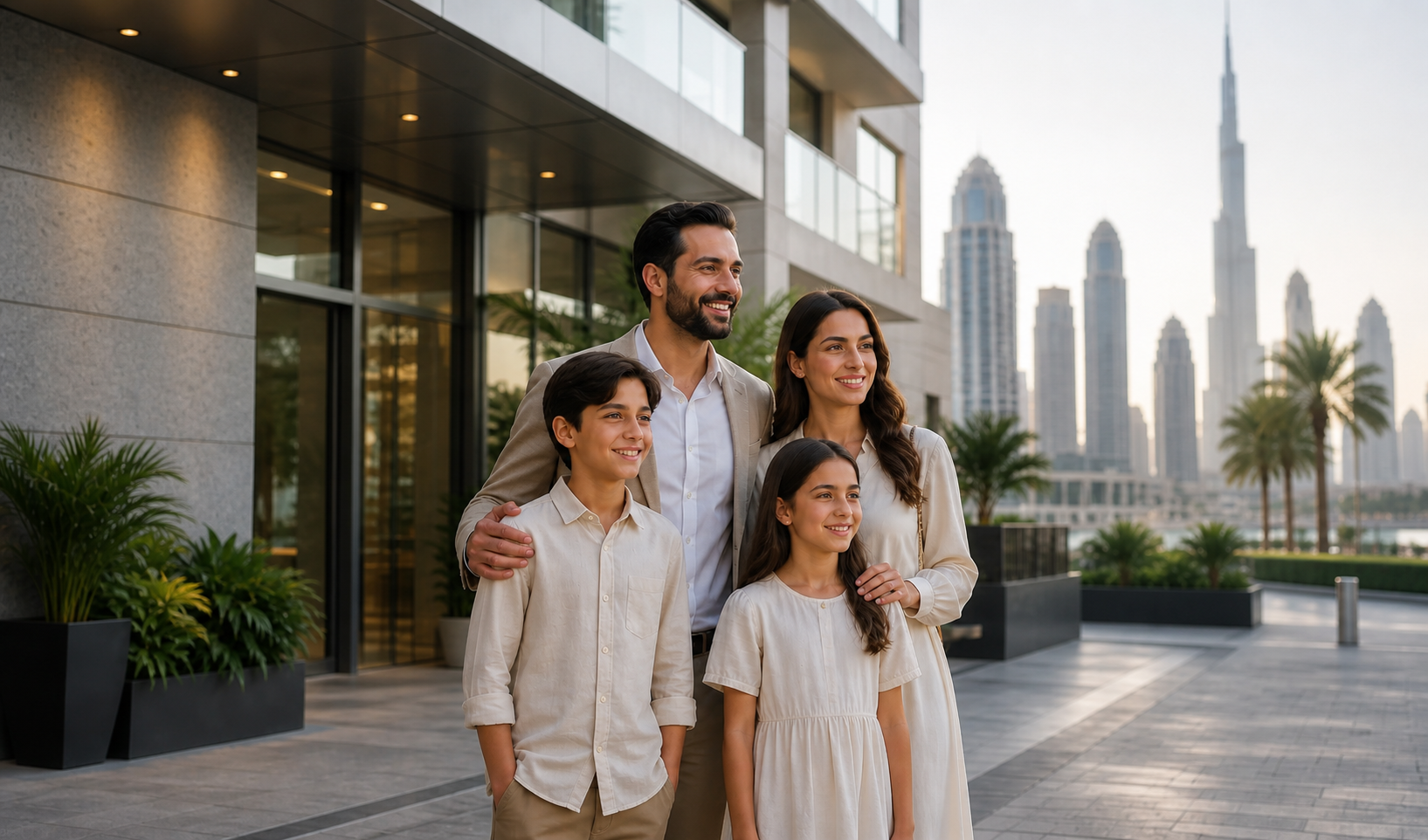 Family outside a modern Dubai residential building with skyline views, relocated through the UAE Golden Visa program.