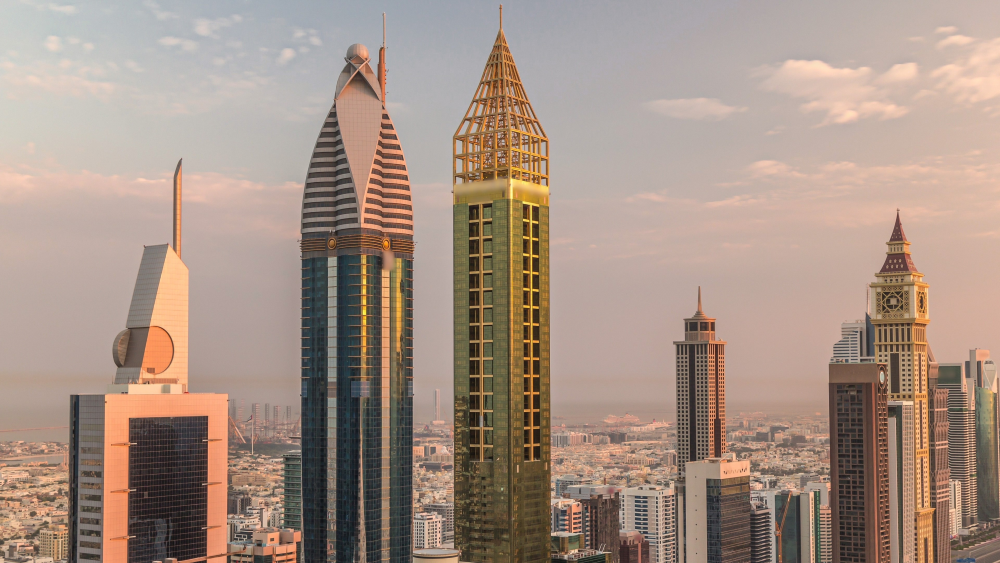 Dubai Sheikh Zayed Road skyline at golden hour