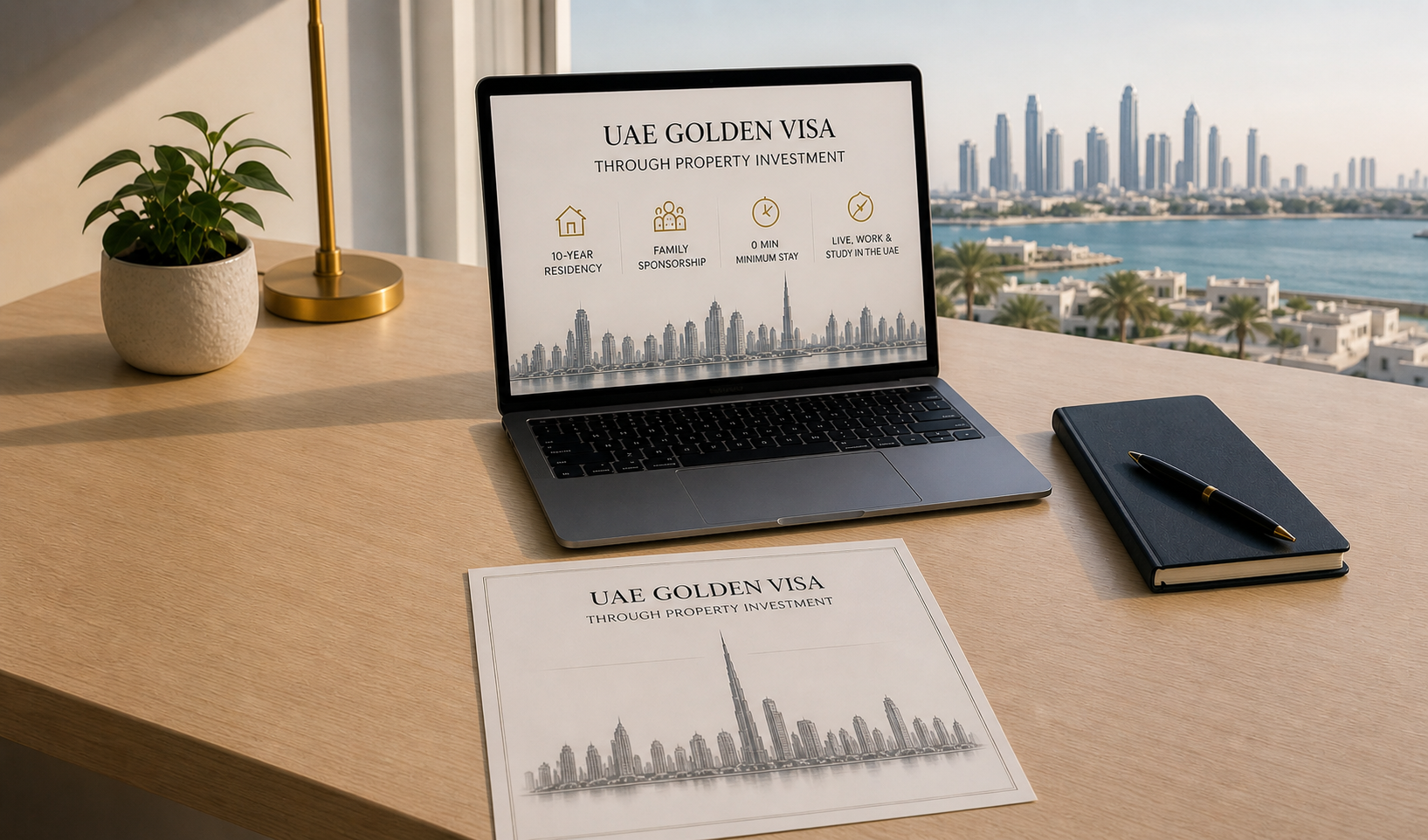 A Dubai Land Department title deed certificate alongside a UAE passport and property contract, illustrating the documentation required for a UAE Golden Visa property investor application.