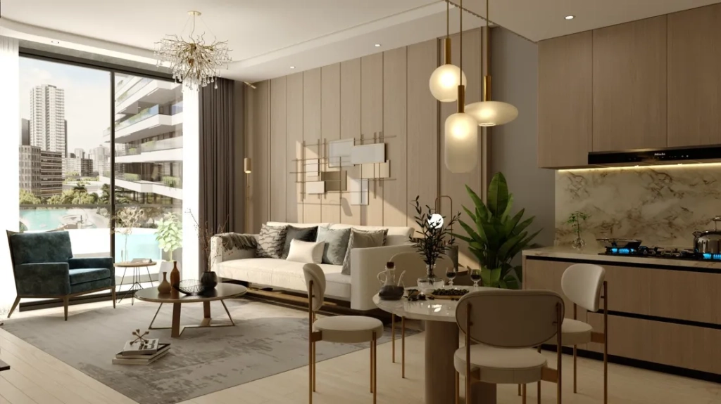 Elegant furnished living and dining interior at Trinity at Arjan