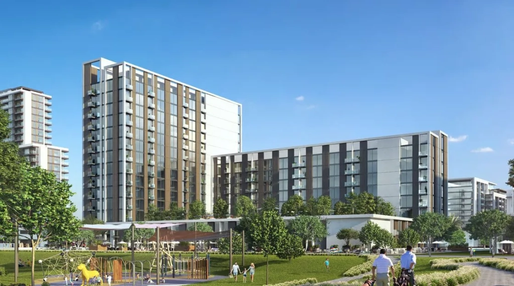 Golfville apartment towers overlooking the park at Dubai Hills Estate